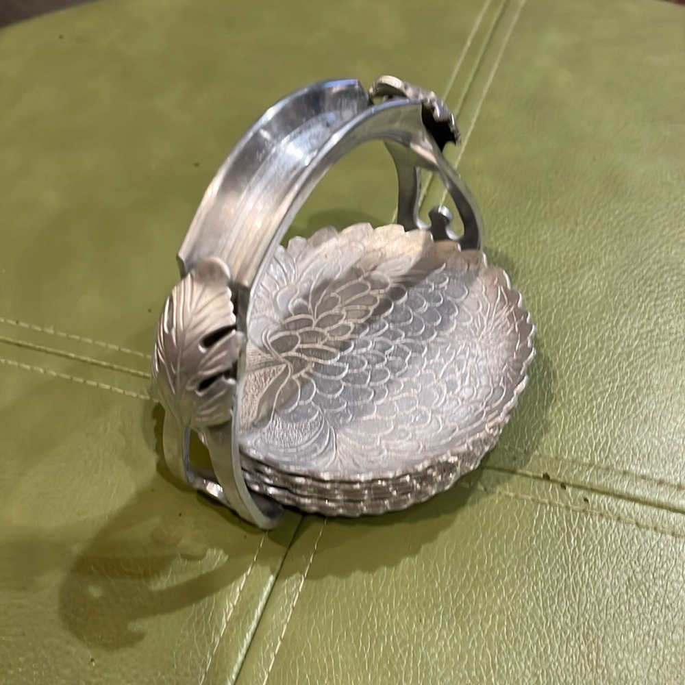 Continental silver company Inc. 6 coasters in Caddy with floral and leaf design